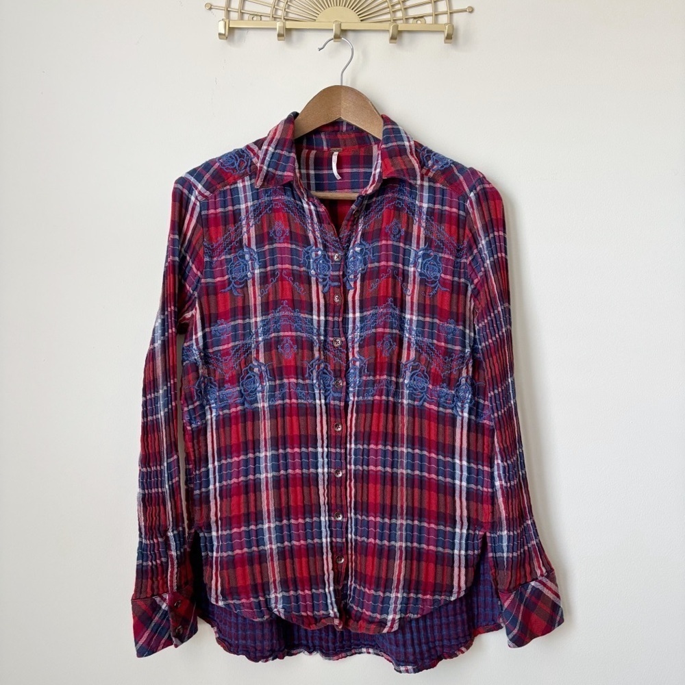 Free People Embroidered Plaid Button Front Shirt XS Boho Cabincore